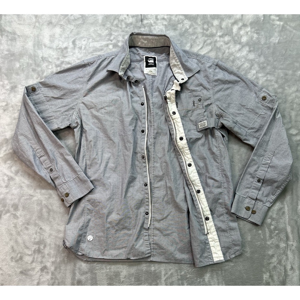 G-Star Raw Mens XL Navy Roll Up Long Sleeve Shirt Stretch Cotton Snap/Zip Utilty